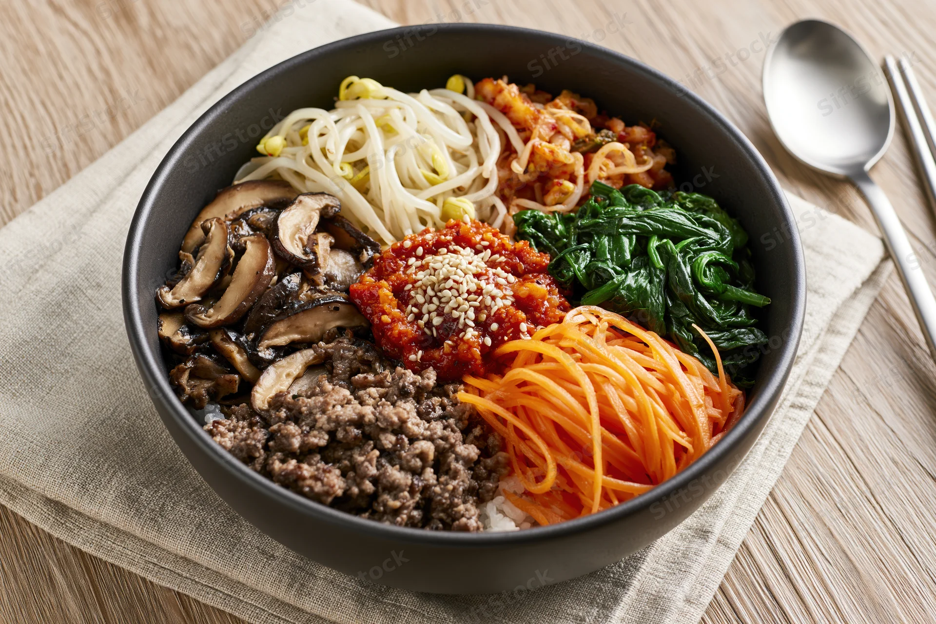 Korean bibimbap served in a matte black ceramic bowl with vegetables and meat arranged on rice