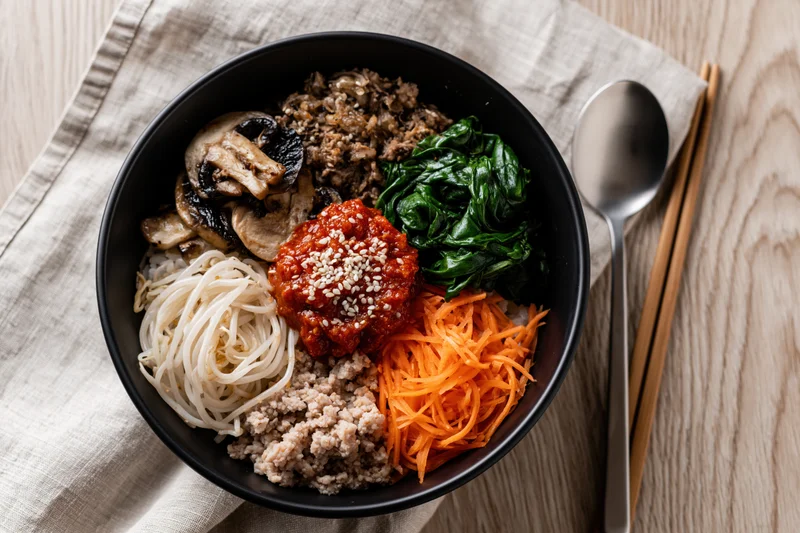 Korean bibimbap in a black ceramic bowl with vegetables and meat on a wooden table