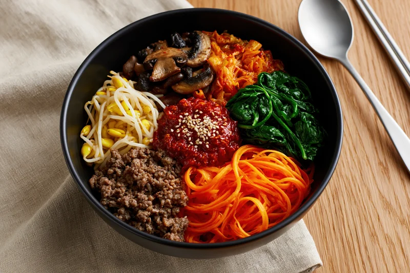 Korean bibimbap in a matte black ceramic bowl with vegetables and meat arranged on a wooden table