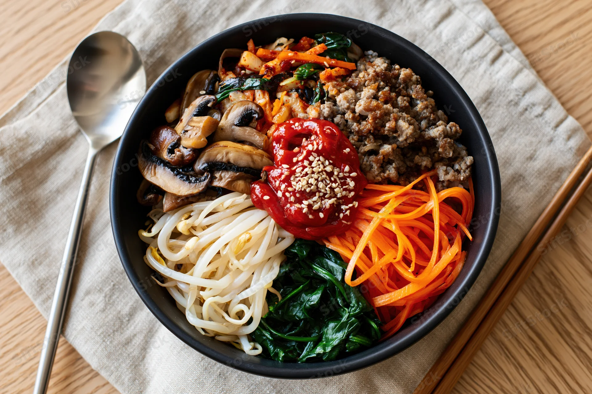 Korean bibimbap served in a matte black ceramic bowl with vegetables and meat arranged on a wooden table