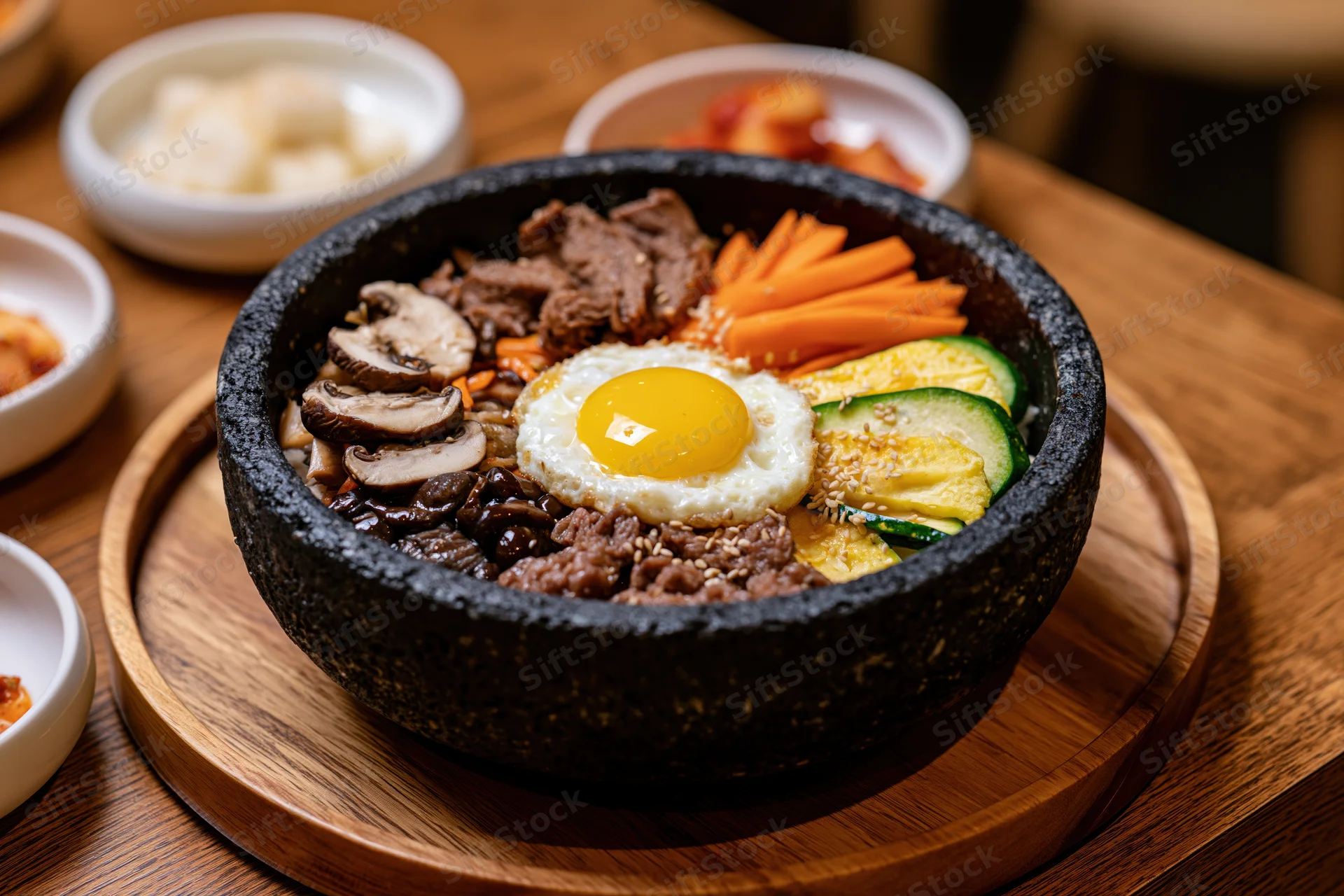 Korean bibimbap in a black stone bowl served on a wooden tray with side dishes