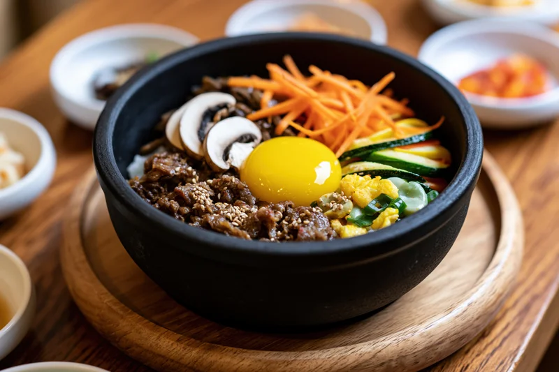 Korean bibimbap in a black stone bowl with beef, vegetables and a raw egg, served on a wooden tray with side dishes
