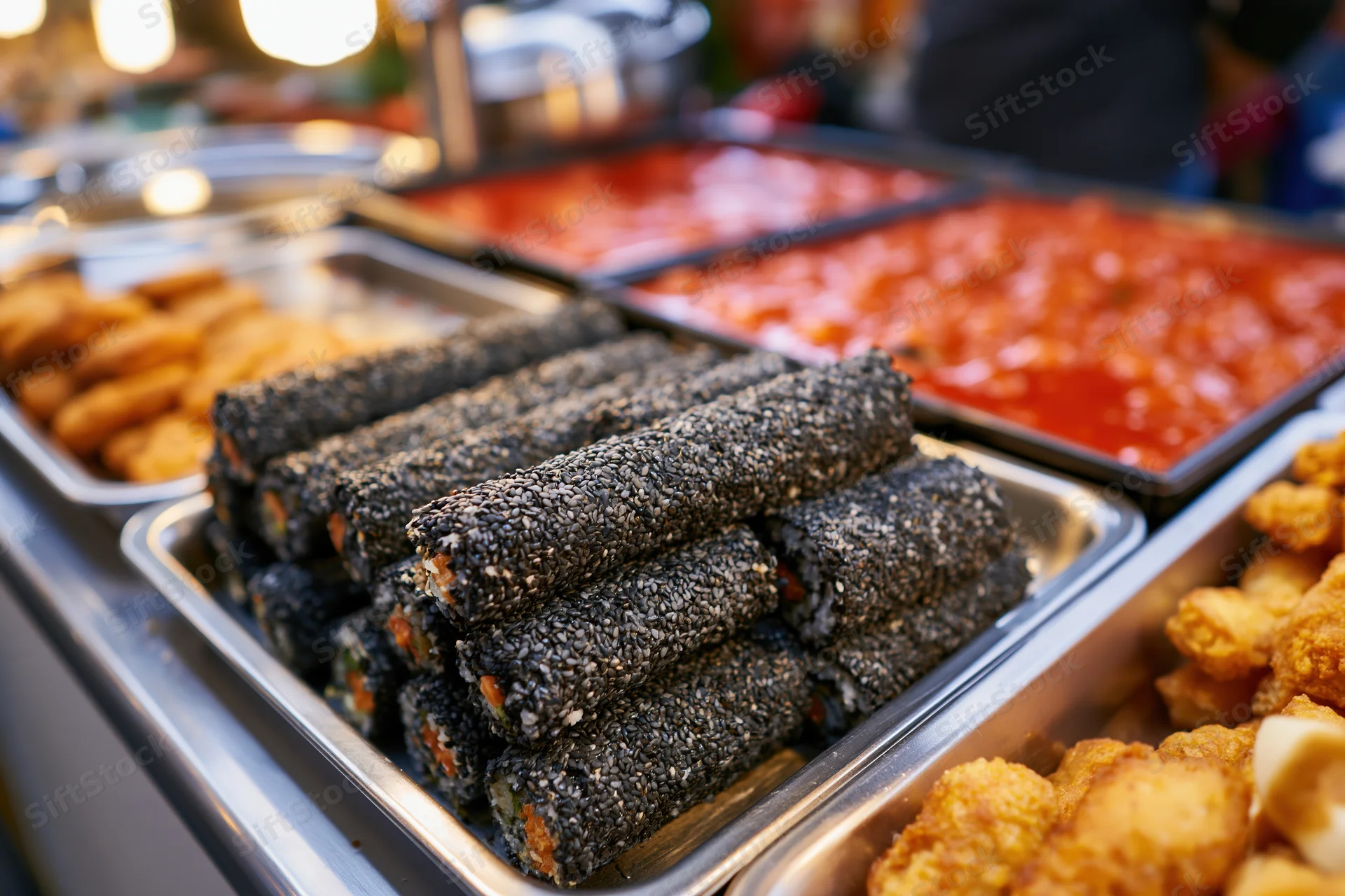 Black sesame-covered kimbap rolls arranged on metal trays at a korean street food stall counter
