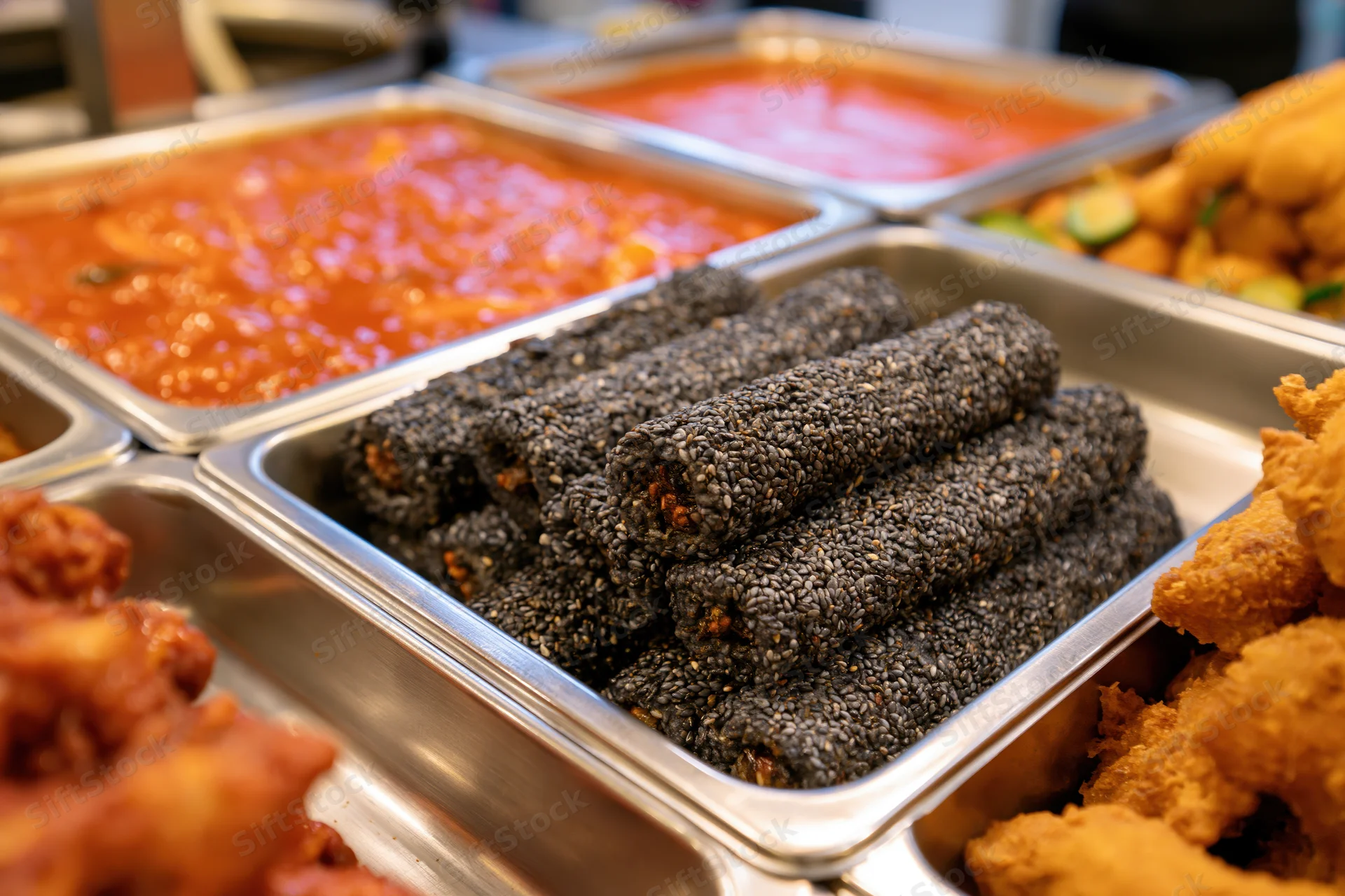 Korean street food stall counter displaying black sesame-covered kimbap rolls and fried chicken in metal trays