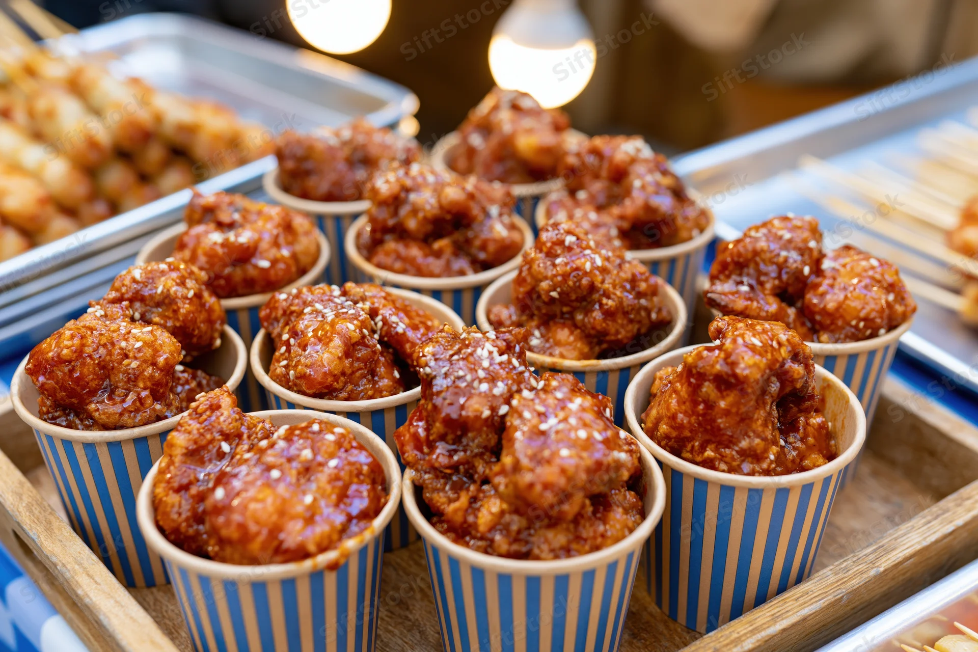 Fried chicken pieces in blue striped paper cups arranged on a wooden tray at a street food stall
