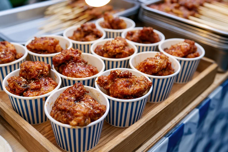 Korean fried chicken in blue and white striped paper cups arranged on a bamboo tray at a street food stall