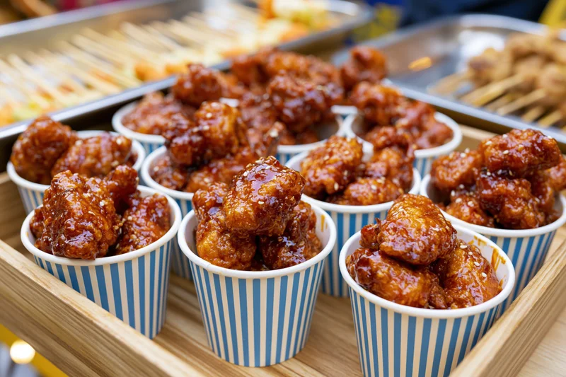 Spicy glazed chicken pieces in blue and white striped paper cups arranged on a bamboo tray at a street food stall