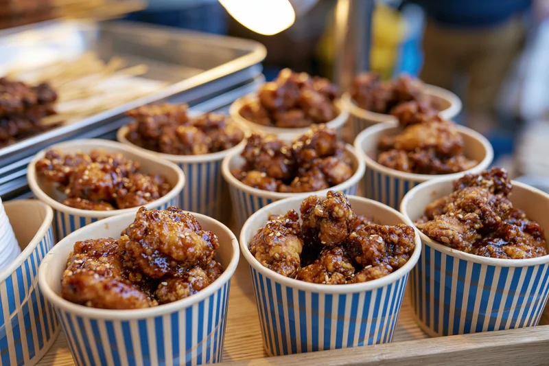 Fried chicken pieces in blue striped paper cups arranged on a wooden tray at a street food stall