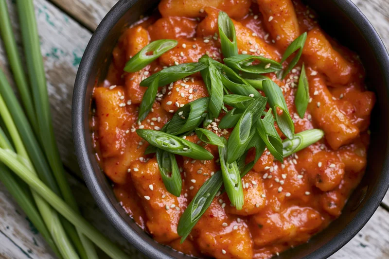 Korean tteokbokki with spicy red sauce and green onions in a dark skillet on a wooden surface