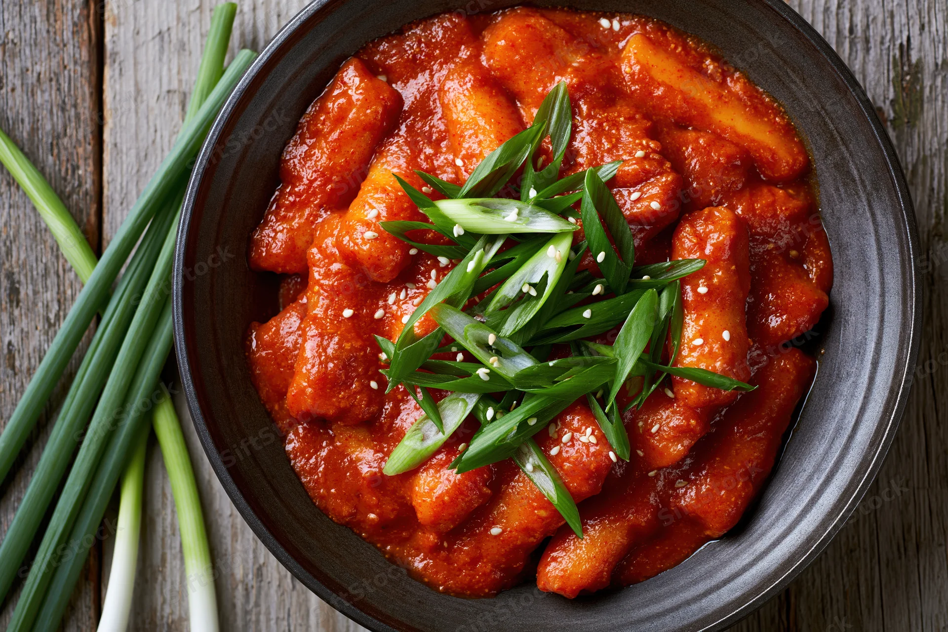 Korean tteokbokki with red spicy sauce and green onions in a dark bowl on wooden surface