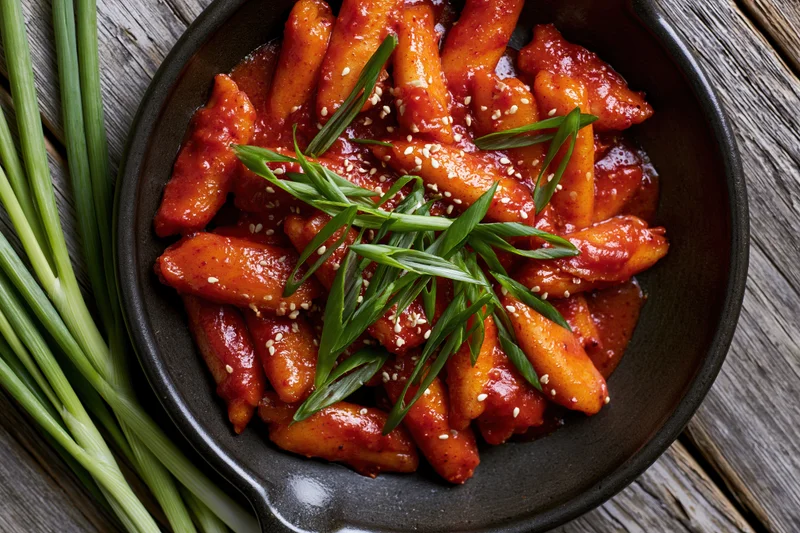 Korean tteokbokki rice cakes in spicy red sauce with sesame seeds and green onions in a dark skillet on wooden surface
