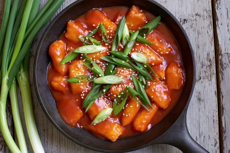 Korean tteokbokki with red sauce and green onions in a cast iron skillet on wooden surface
