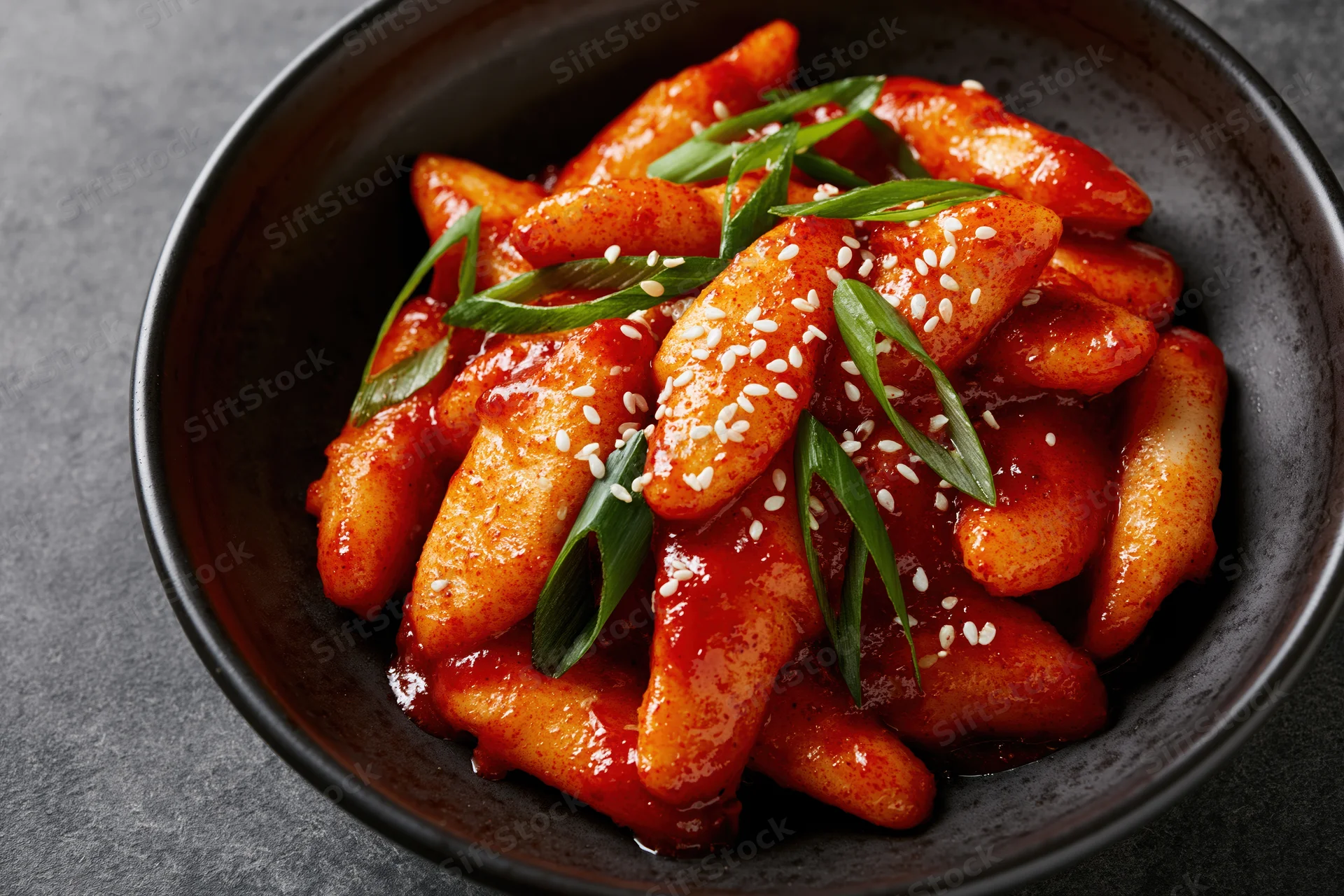 Tteokbokki rice cakes in spicy gochujang sauce served in a dark ceramic bowl with sesame seeds and green onions