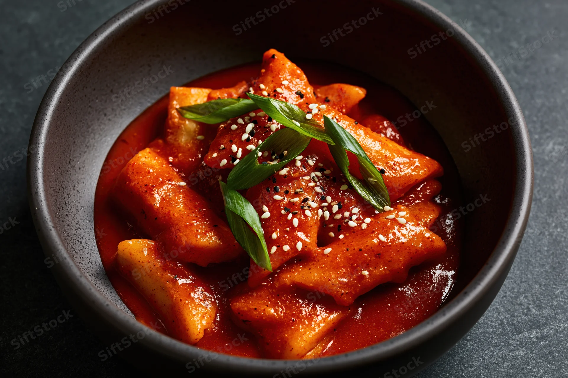 Korean tteokbokki rice cakes in spicy gochujang sauce served in a dark ceramic bowl with sesame seeds and green onions