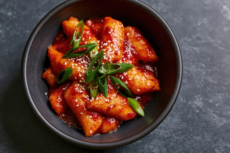 Tteokbokki rice cakes in spicy gochujang sauce served in a dark ceramic bowl on a textured surface