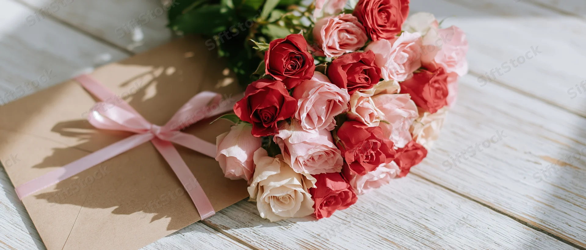 Bouquet of pink red and cream roses beside a kraft paper envelope tied with a pink satin ribbon on a wooden table