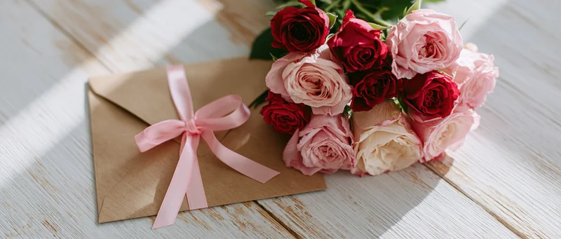 Bouquet of pink and red roses beside a kraft paper envelope tied with a pink satin ribbon on a wooden table