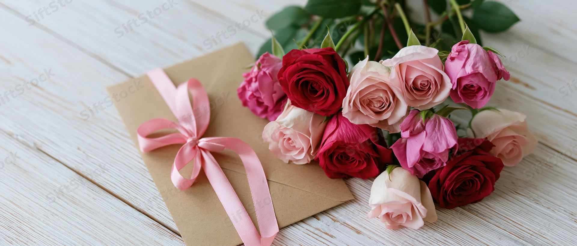 Bouquet of pink and red roses beside a kraft paper envelope tied with a pink satin ribbon on a wooden surface