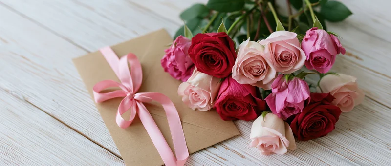 Bouquet of pink and red roses beside a kraft paper envelope tied with a pink satin ribbon on a wooden surface