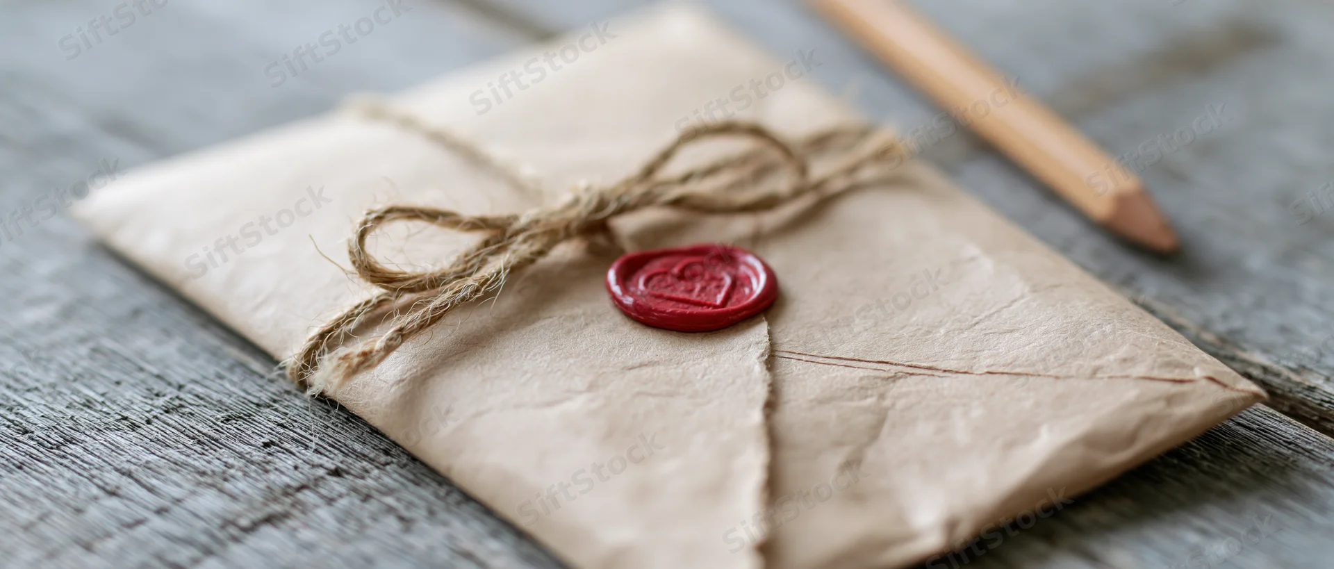 Kraft paper envelope tied with twine and sealed with red heart wax seal on wooden surface
