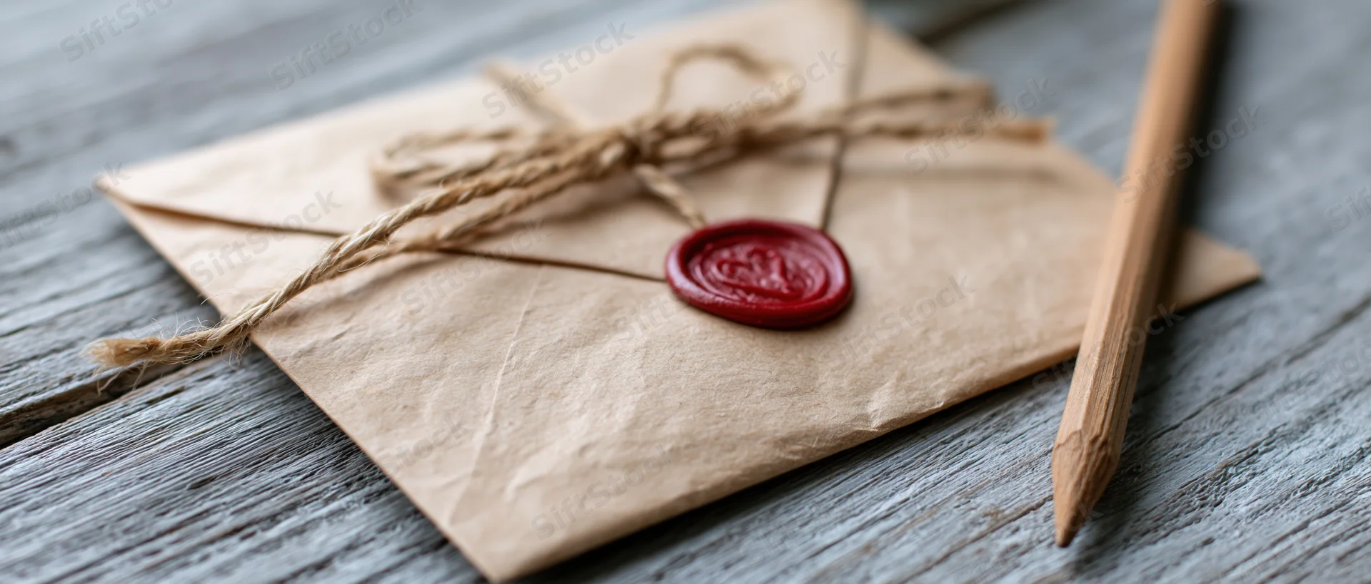 Kraft paper envelope sealed with red wax seal and tied with twine bow on wooden surface with pencil beside it