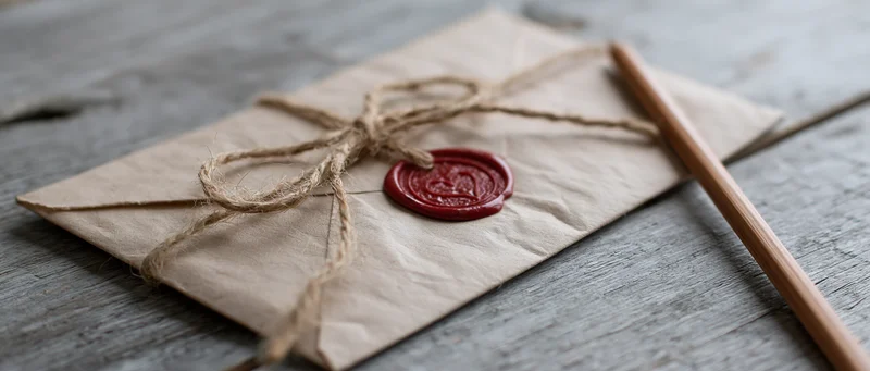 Kraft paper envelope tied with twine and sealed with red wax on wooden surface