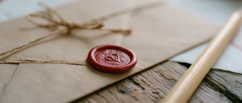 Kraft paper envelope sealed with red wax heart stamp tied with twine on wooden surface