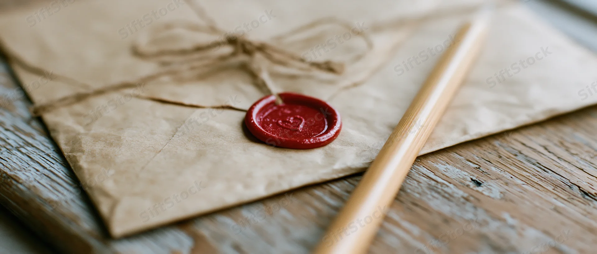 Kraft paper envelope sealed with red wax seal and tied with twine bow resting on wooden surface