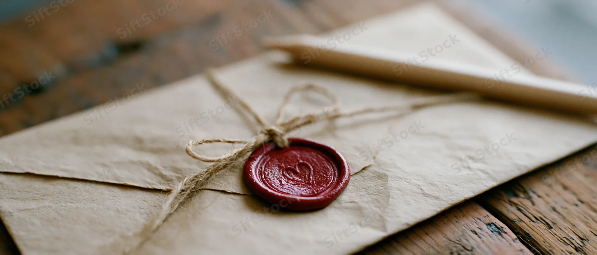 Kraft paper envelope sealed with red wax heart and twine bow on wooden surface
