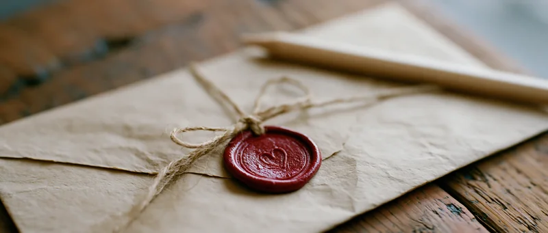 Kraft paper envelope sealed with red wax heart and twine bow on wooden surface