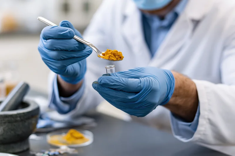 Scientist transferring orange powder from spoon into vial in laboratory setting