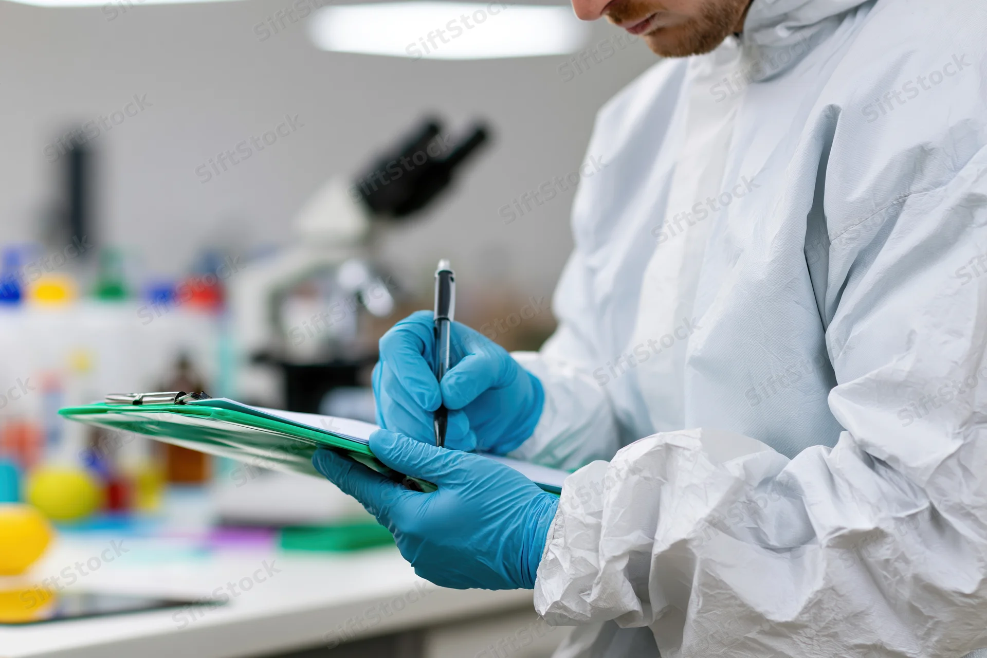 Lab technician in white hazmat suit writing on clipboard in laboratory
