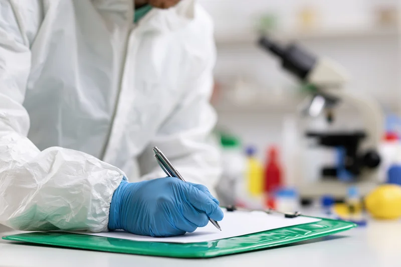 Lab technician in white hazmat suit writing on clipboard in laboratory