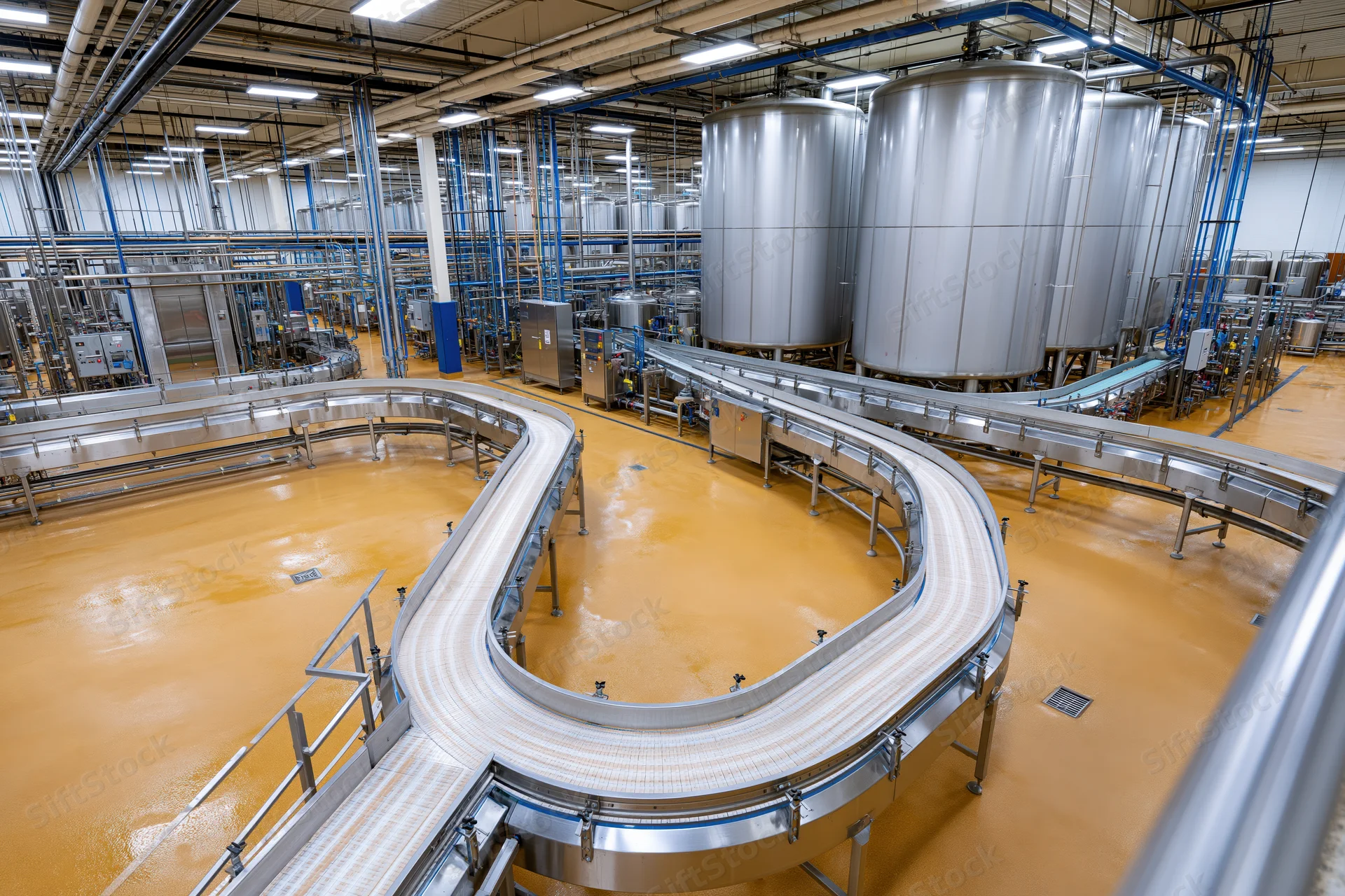Interior of a large-scale food and beverage processing facility with stainless steel tanks and conveyor systems