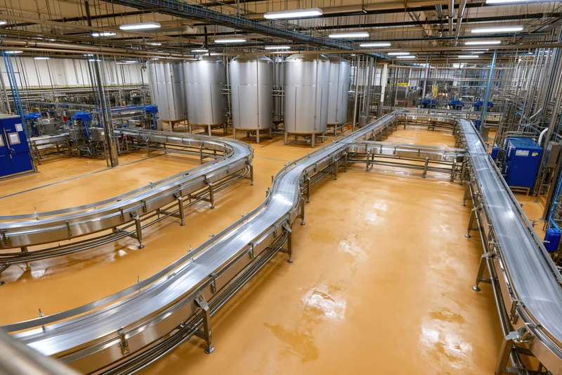Interior of large food and beverage processing facility with stainless steel conveyor belts and storage tanks