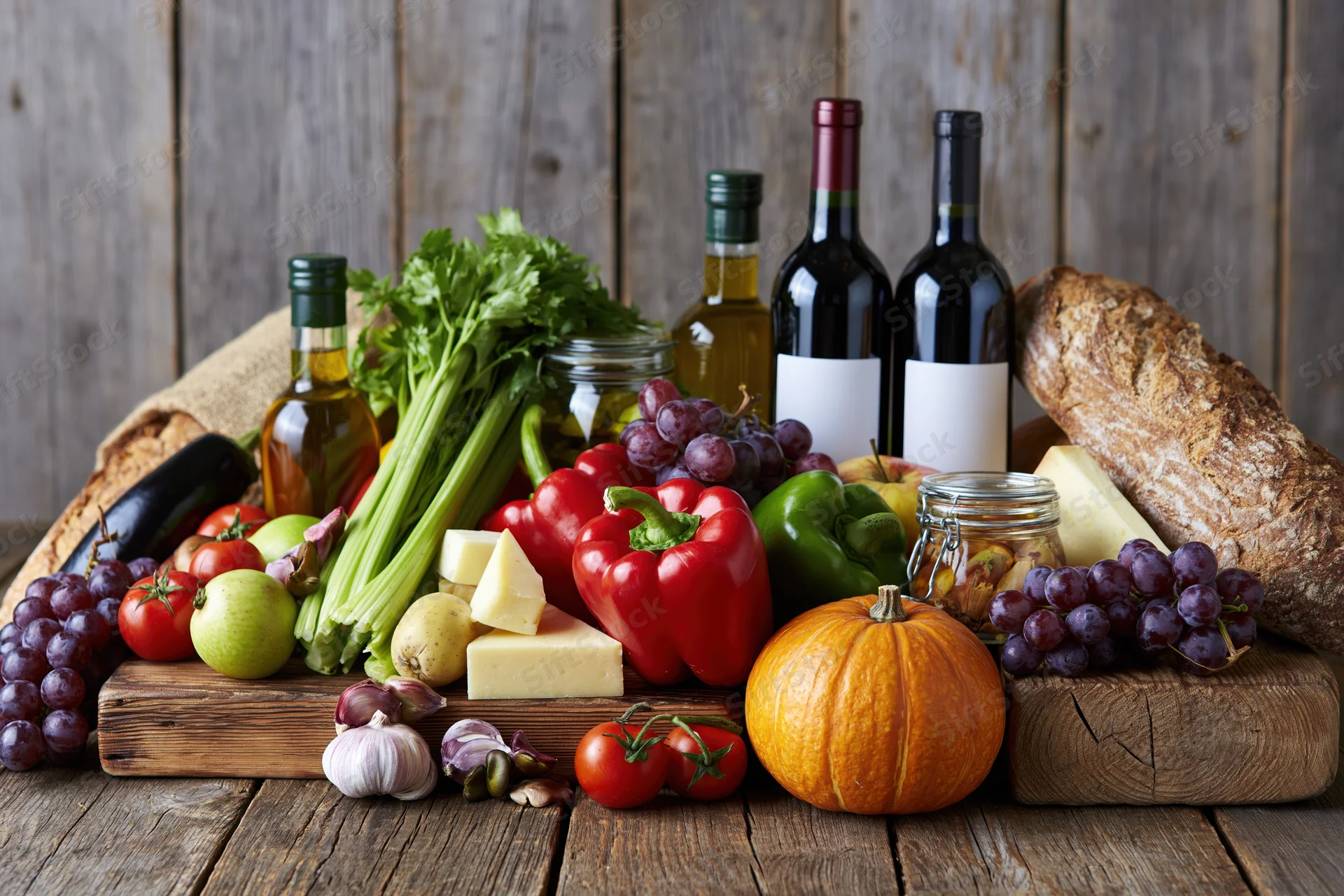 Fresh groceries arranged on a rustic wooden table with vegetables, fruits, wine, bread and cheese