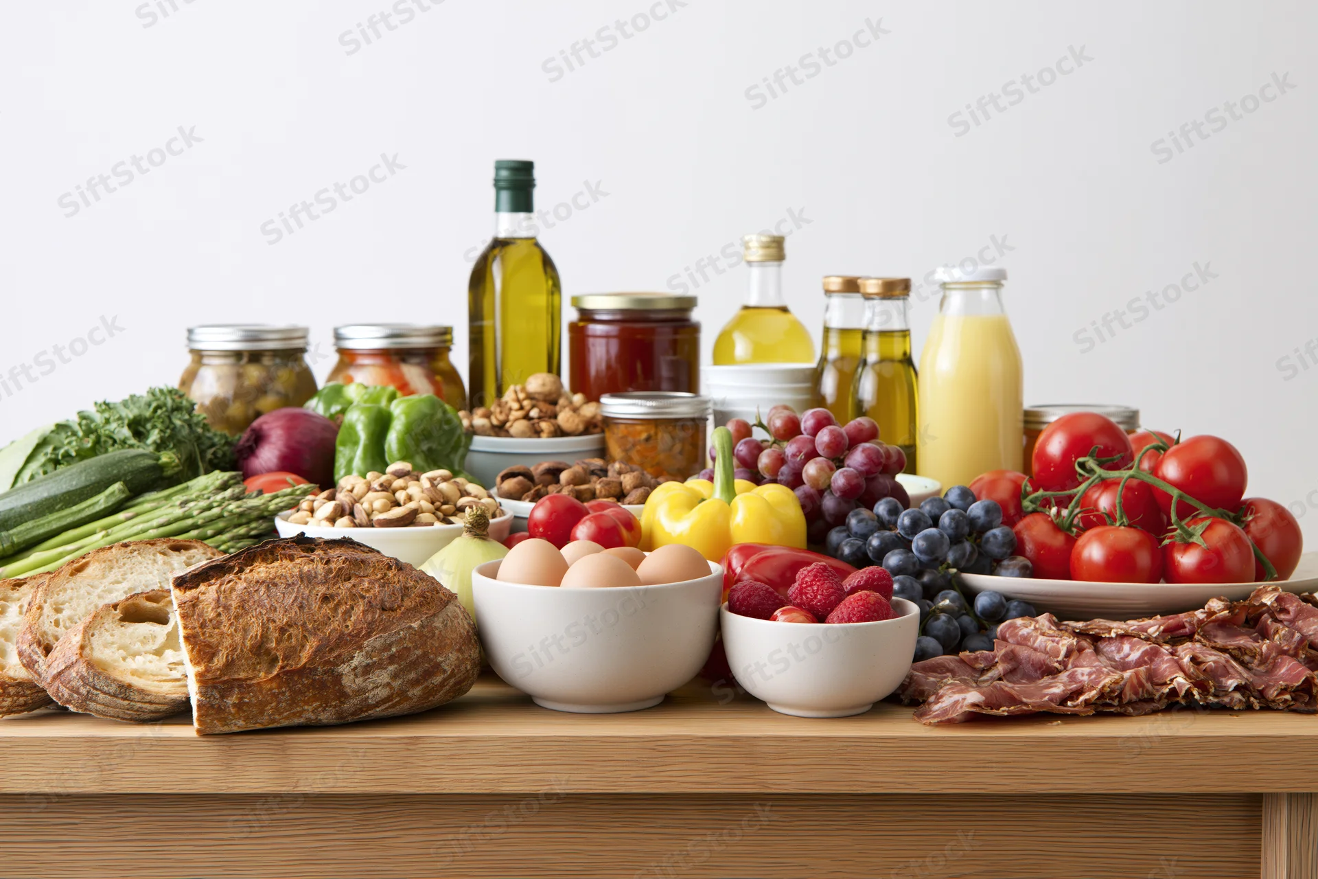 Whole foods arranged in a flat-lay spread on a wooden table