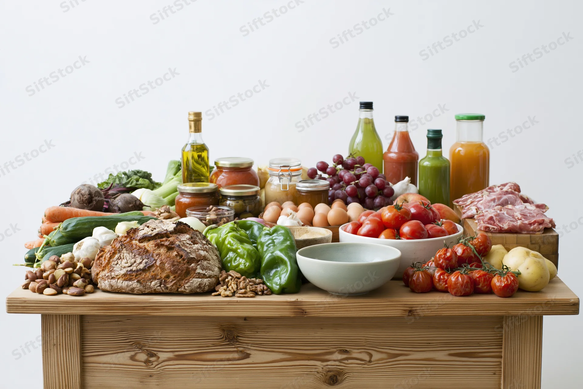 Whole foods arranged on a wooden table in a flat-lay spread