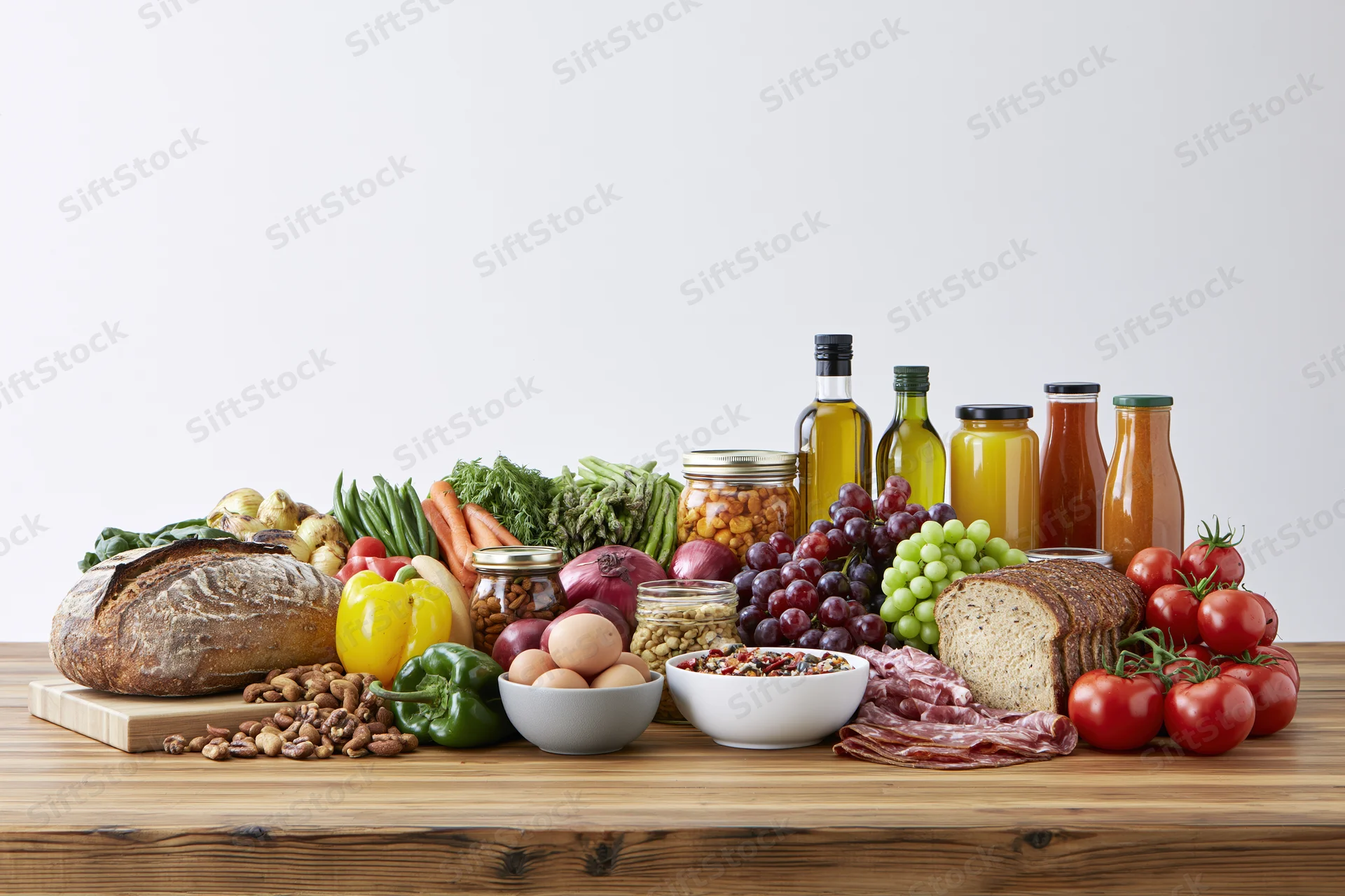 Whole foods arranged in a flat-lay spread on a wooden table