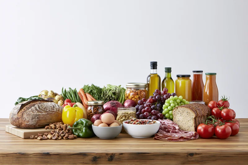 Whole foods arranged in a flat-lay spread on a wooden table