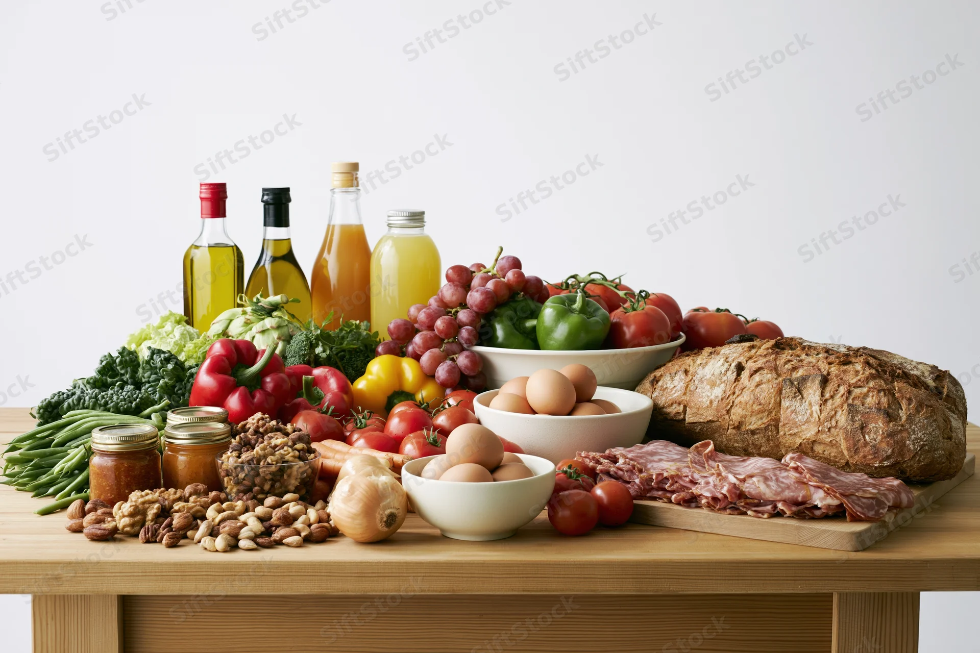 Whole foods arranged in a flat-lay spread on a wooden table
