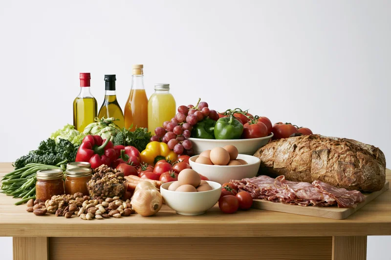Whole foods arranged in a flat-lay spread on a wooden table