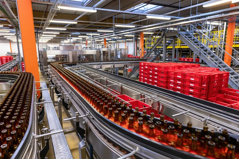 Rows of brown glass bottles moving along conveyor belts inside a large industrial bottling facility