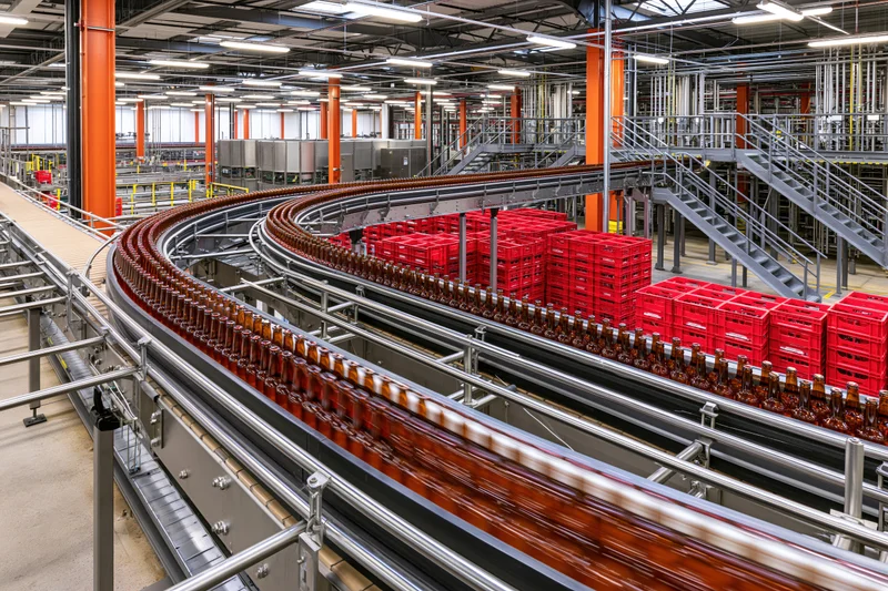 Brown glass bottles moving on curved conveyor belts inside a large industrial bottling facility