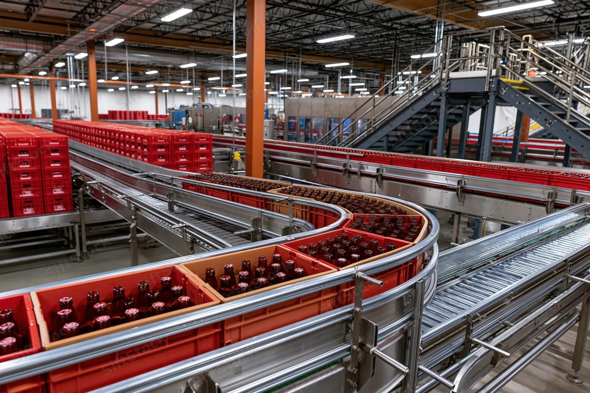Glass bottles moving on conveyor belts through a large beverage bottling factory interior