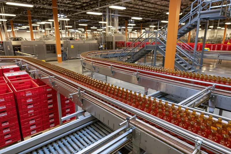 Amber glass bottles moving on conveyor belts inside a large beverage bottling factory