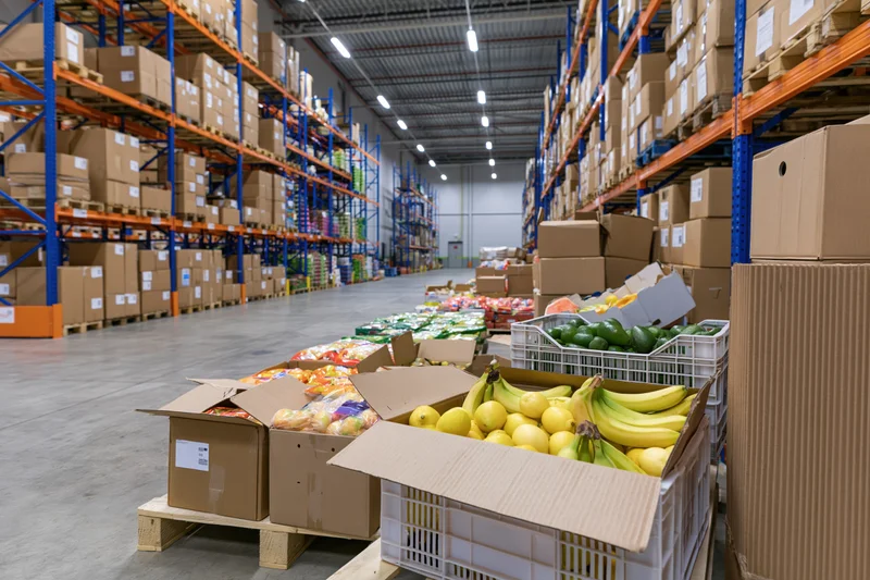 Open warehouse interior with pallets of fresh produce and stacked boxes on industrial shelving