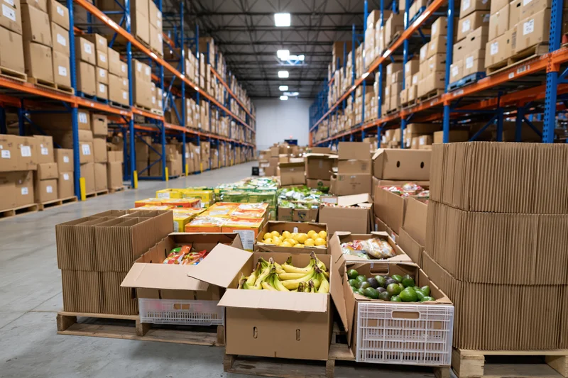 Open warehouse interior with stacked pallets of produce boxes on concrete floor