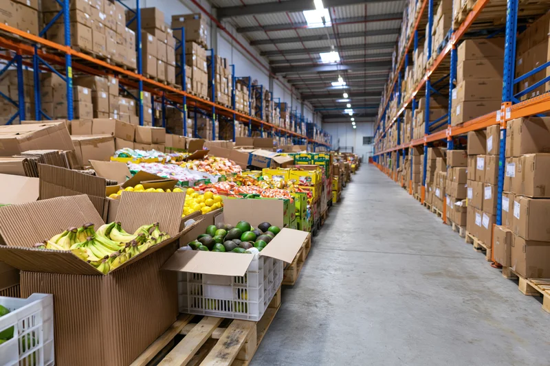 Rows of pallets stacked with boxes of fresh fruit and produce in a large warehouse aisle