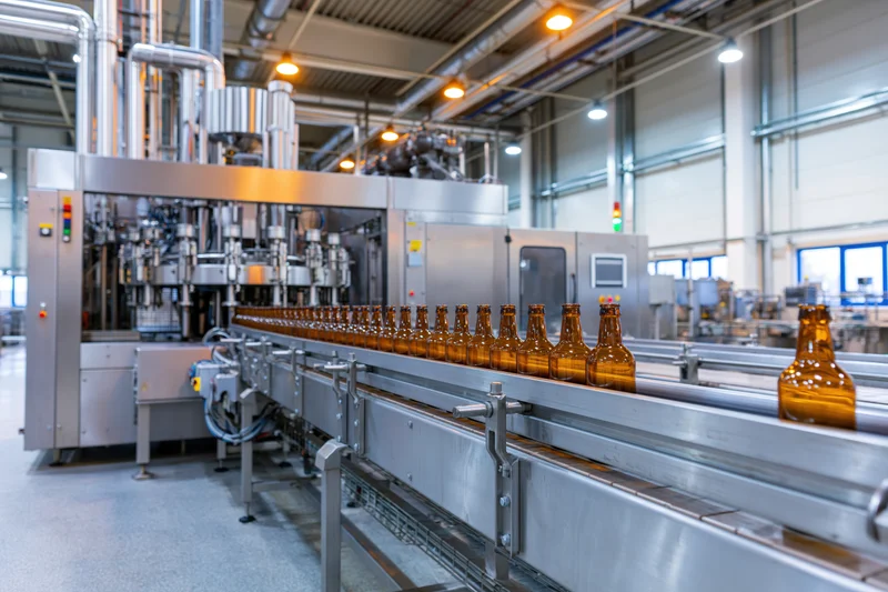 Amber glass bottles moving along a conveyor belt in an industrial bottling factory